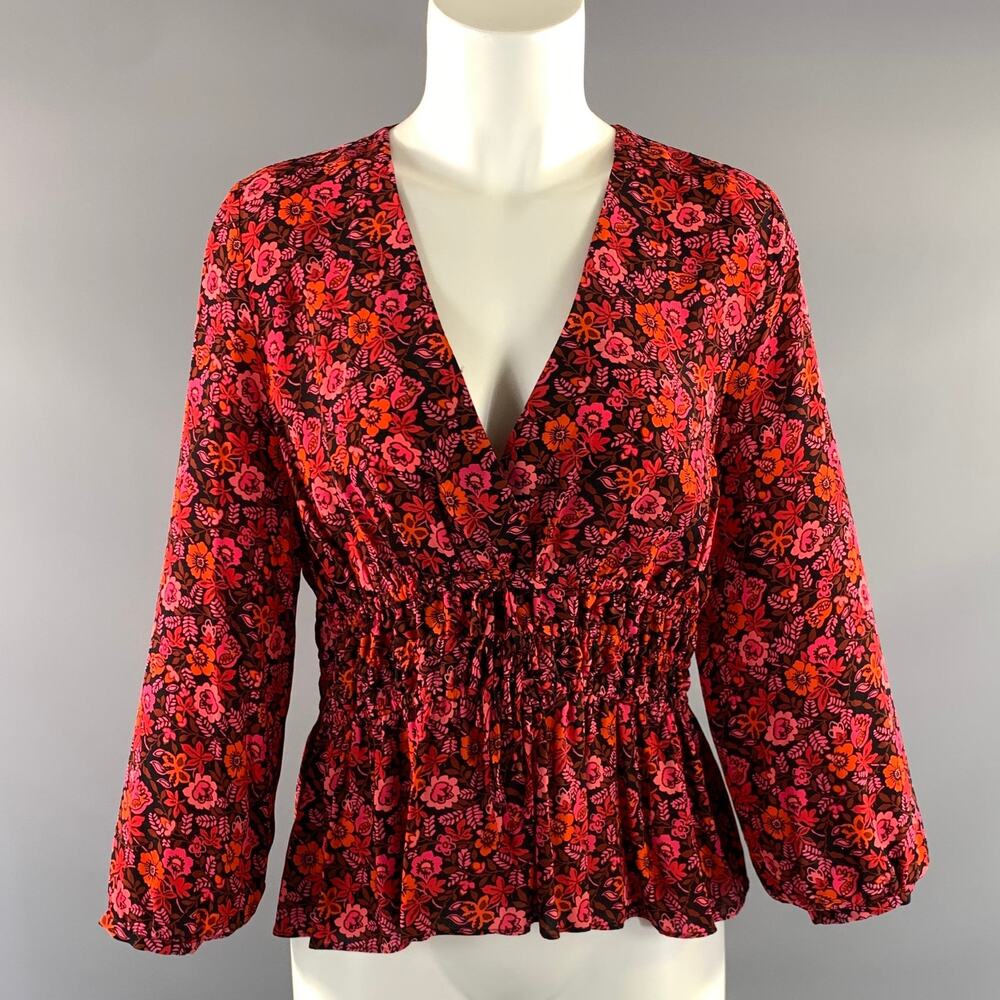 DEREK LAM Size 6 Pink Orange Viscose Floral V Neck Casual Top